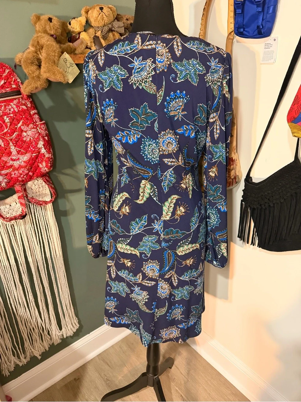 Vince Camuto Blue Paisley Floral Ruched Dress | Size 4 | Boho Chic